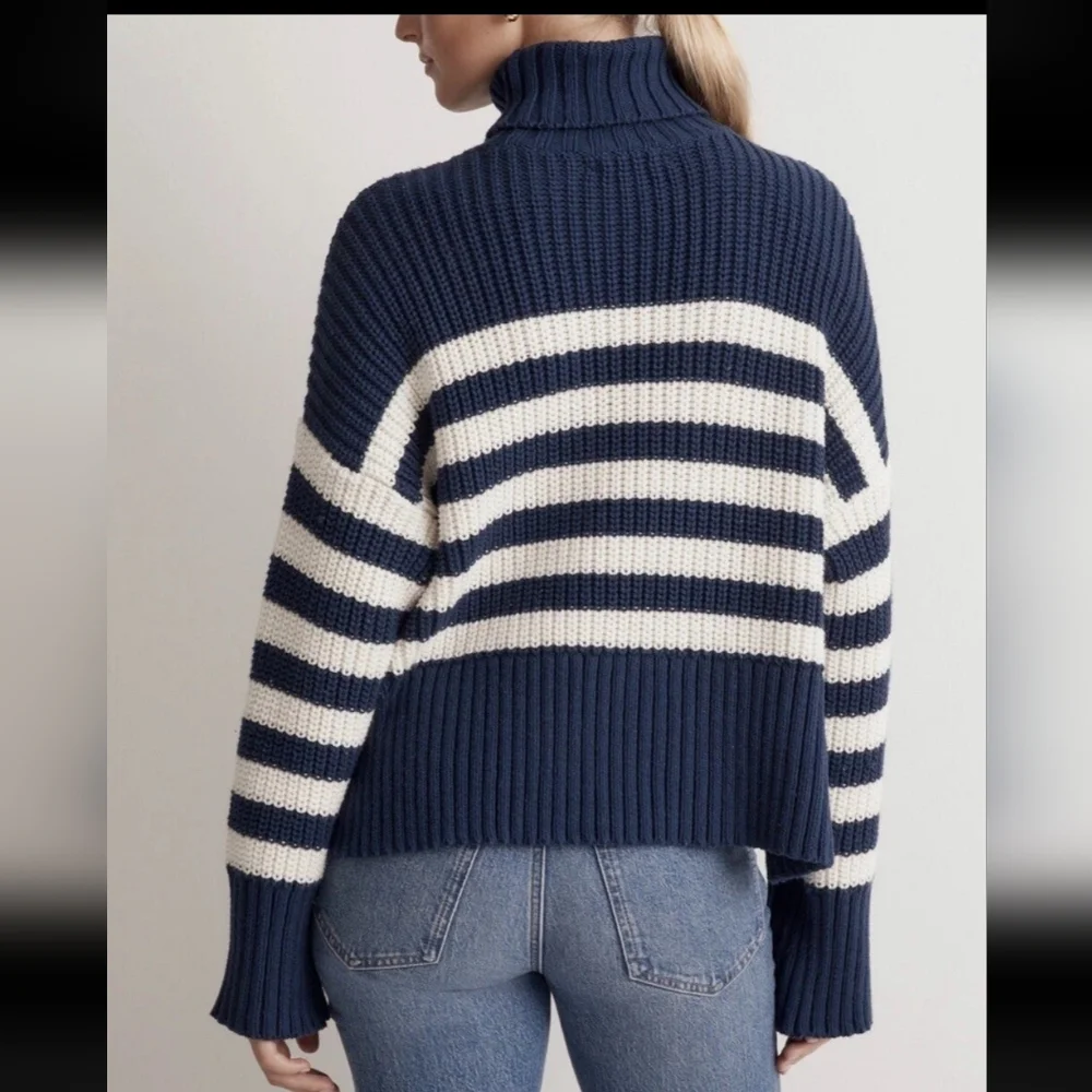 Madewell Wide Rib Turtleneck Crop Sweater New Sz S Oversized Striped Blue Cream - Picture 2 of 13